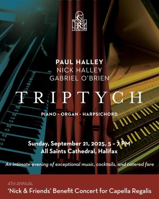 Triptych poster for Nick & Friends Fundraiser Capella Regalis